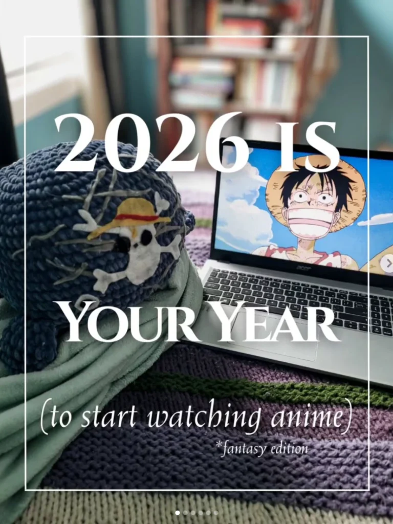 2026 is Your Year a computer sitting on a desk with a still from One Piece, and the caption '2026 is your year to start watching anime'