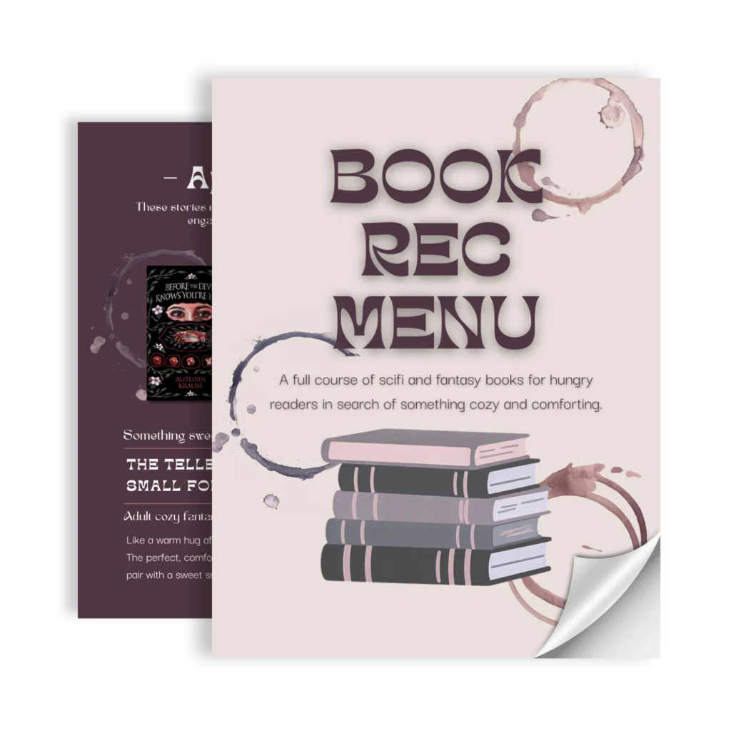 Book Rec Menu cover, with a sneak peek of the first page behind it showing part of a book cover
