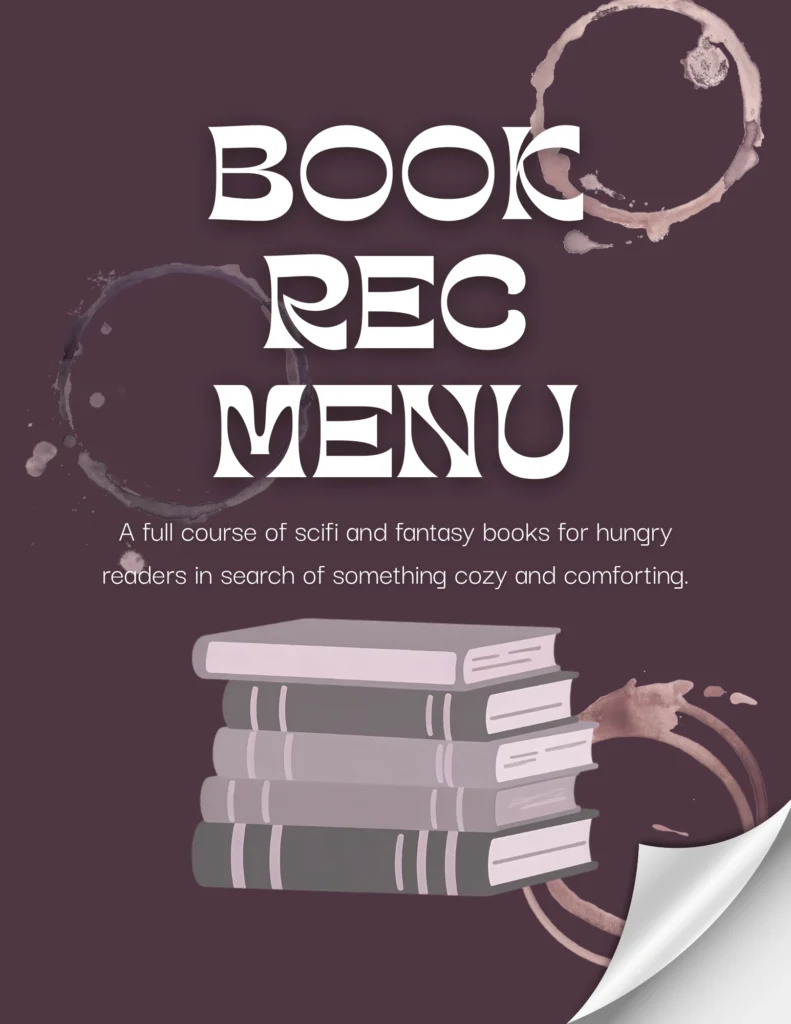 Book Rec Menu cover featuring a stack of books and coffee cup stains